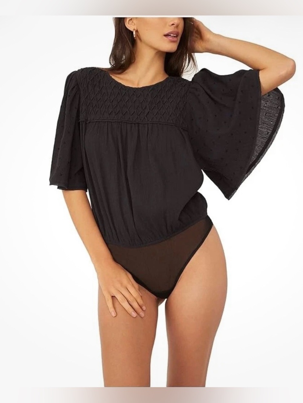 Free People Perfect Catch Black Textured Bodysuit